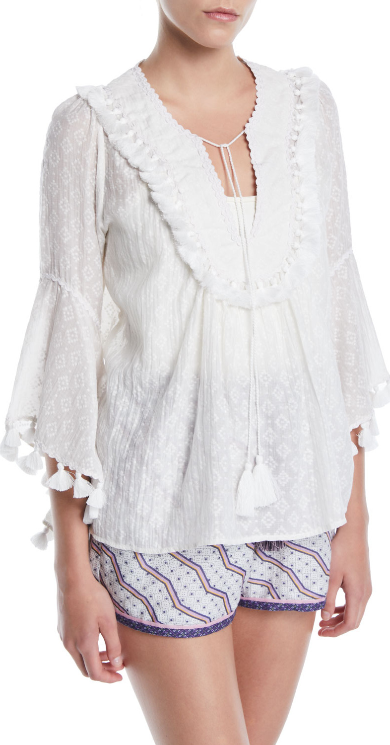 Talitha Elbow Frill Sleeve V-Neck Embroidered Peasant Blouse
