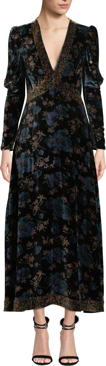 Rebecca Taylor Solstice Long-Sleeve Velvet V-Neck Maxi Dress
