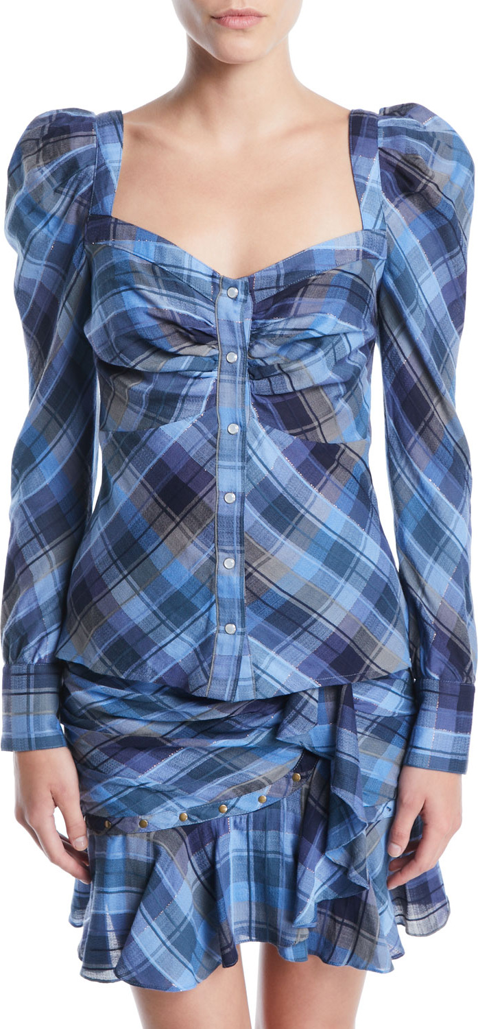 Veronica Beard Frankie Plaid Puff-Sleeve Button-Front Top