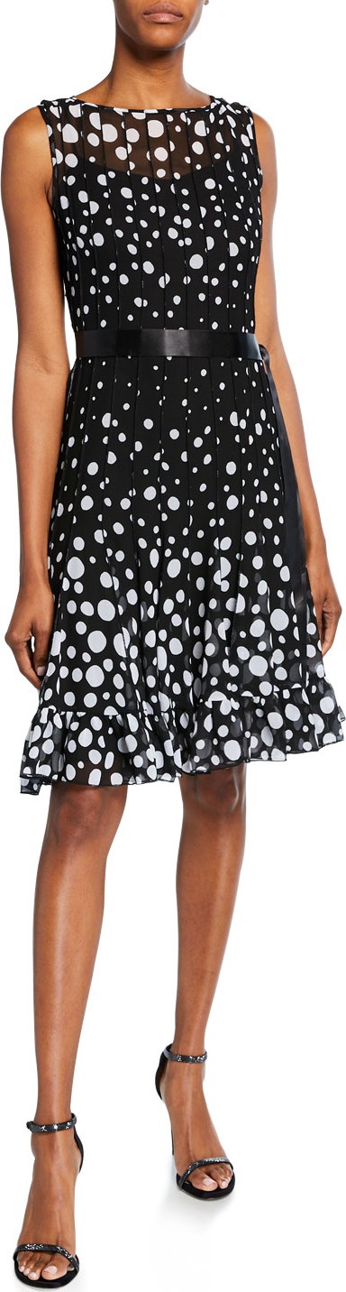 Rickie Freeman for Teri Jon Sleeveless Chiffon Polka Dot Pintuck Dress