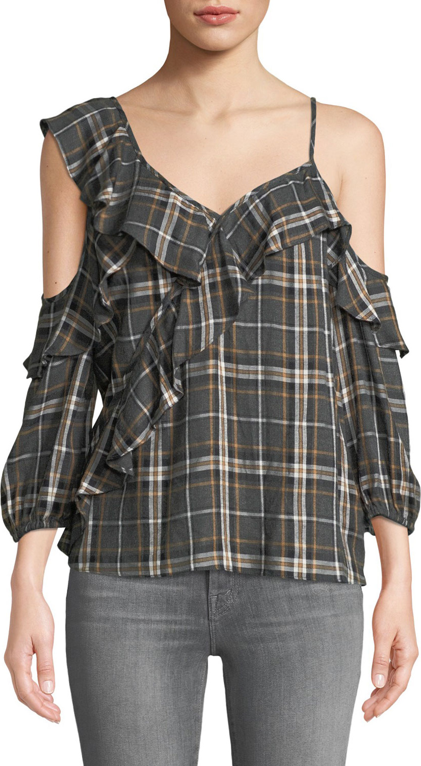Bailey 44 Cross Country Plaid Ruffle Cold-Shoulder Top