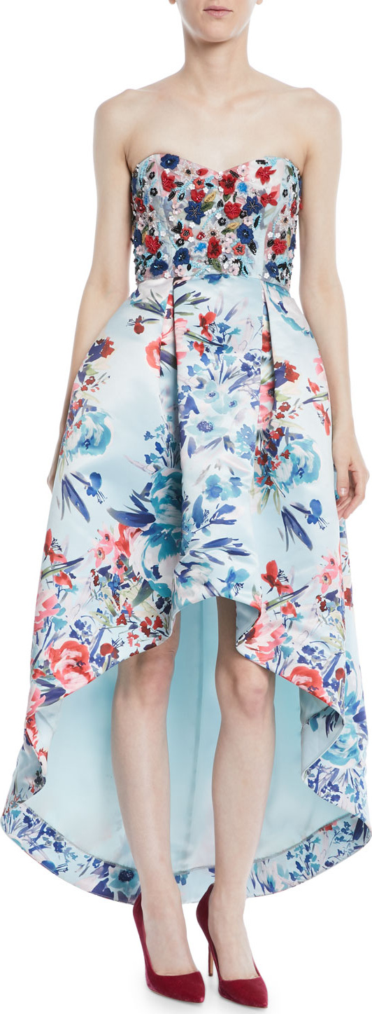 Parker Roxanne Strapless High-Low Floral-Print Gown w/ Beaded Bodice