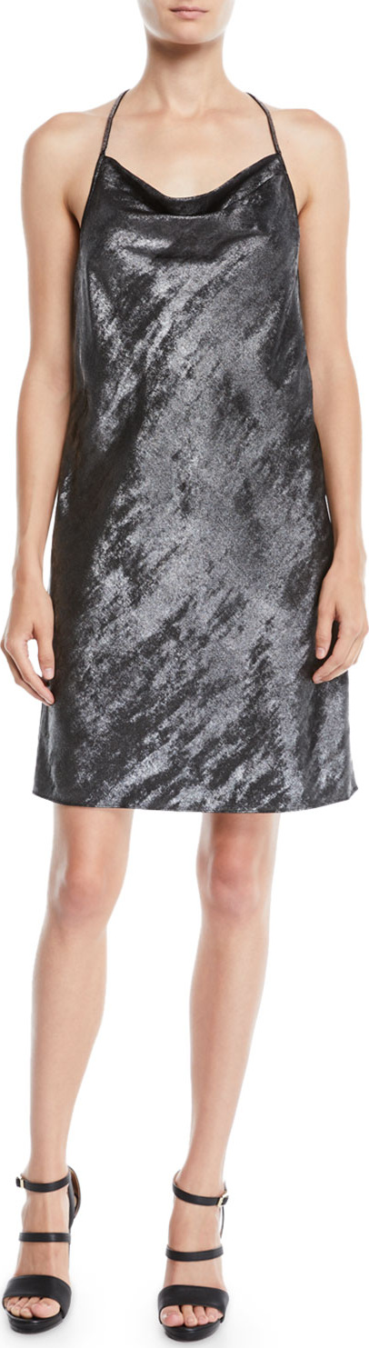 HALSTON HERITAGE Drape-Back Metallic Georgette Slip Dress