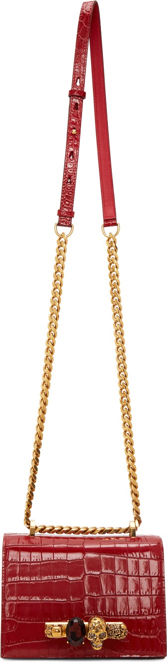 Alexander McQueen Red Small Croc Jewelled Satchel Bag