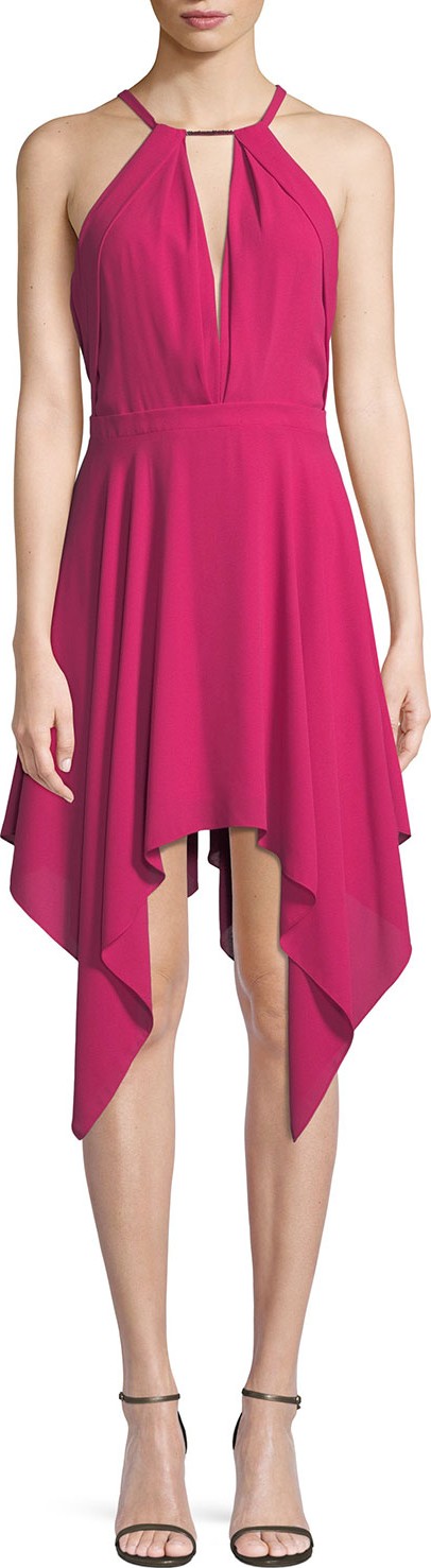 HALSTON HERITAGE Beaded Handkerchief-Hem Halter Cocktail Dress