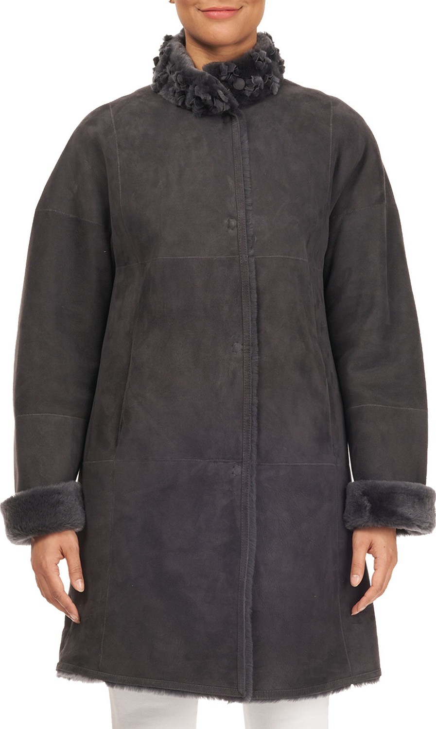 Christia Lamb Shearling Fur Stroller Coat with Floret Trim