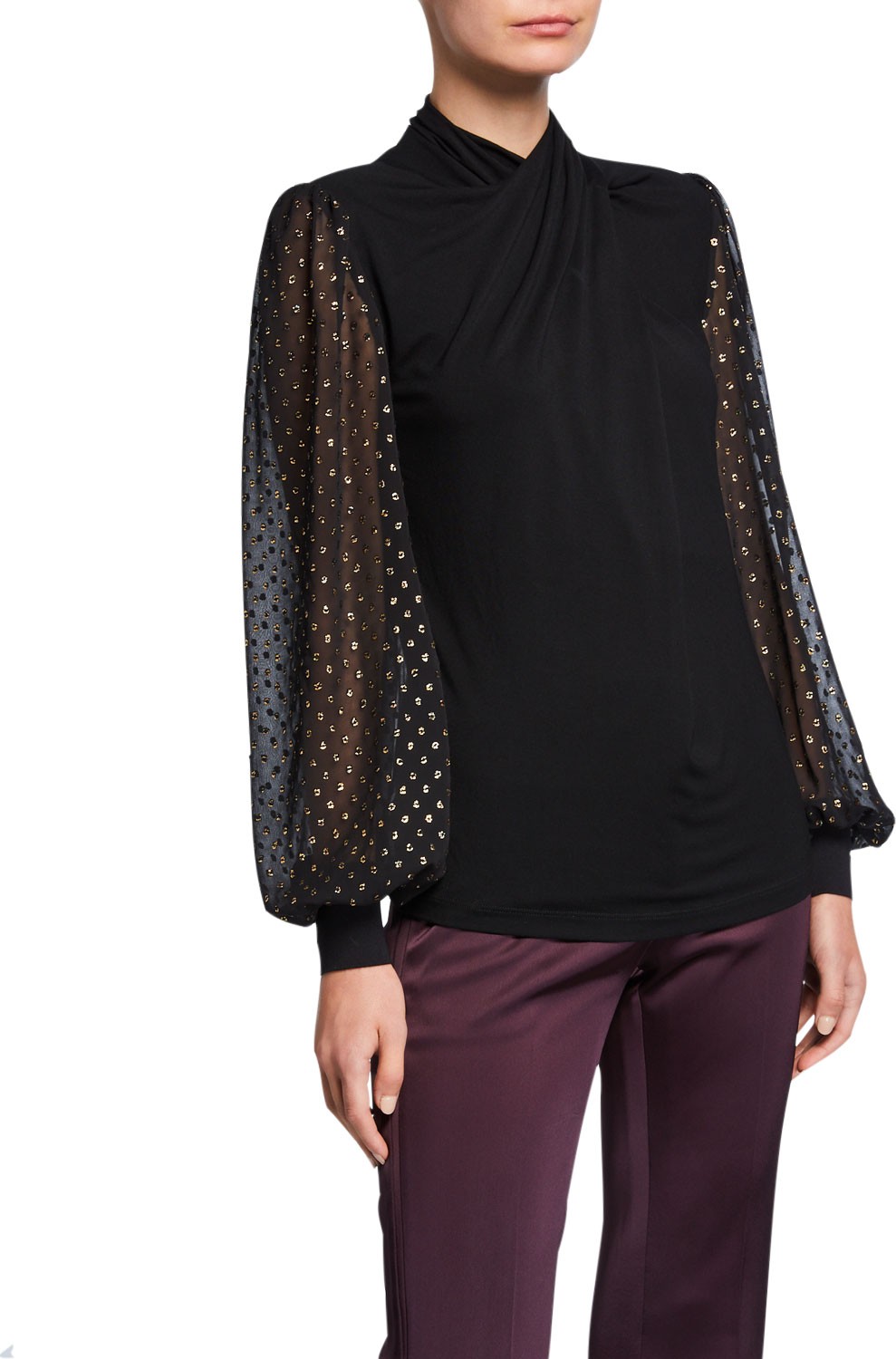 Elie Tahari Keilani Mock-Neck Dotted Blouson-Sleeve Top Elie Tahari Keilani Mock-Neck Dotted Blouson-Sleeve Top