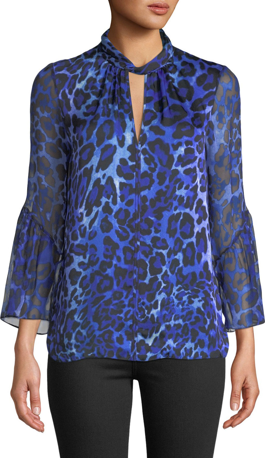 Elie Tahari Laraib Keyhole Long-Sleeve Leopard-Print Silk Blouse