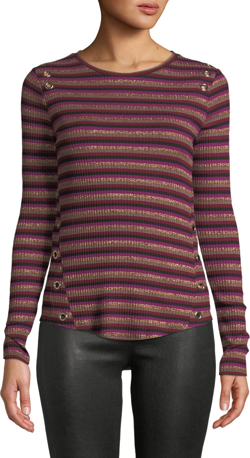 Generation Love Gilly Striped Metallic Long-Sleeve Top with Eyelet Details