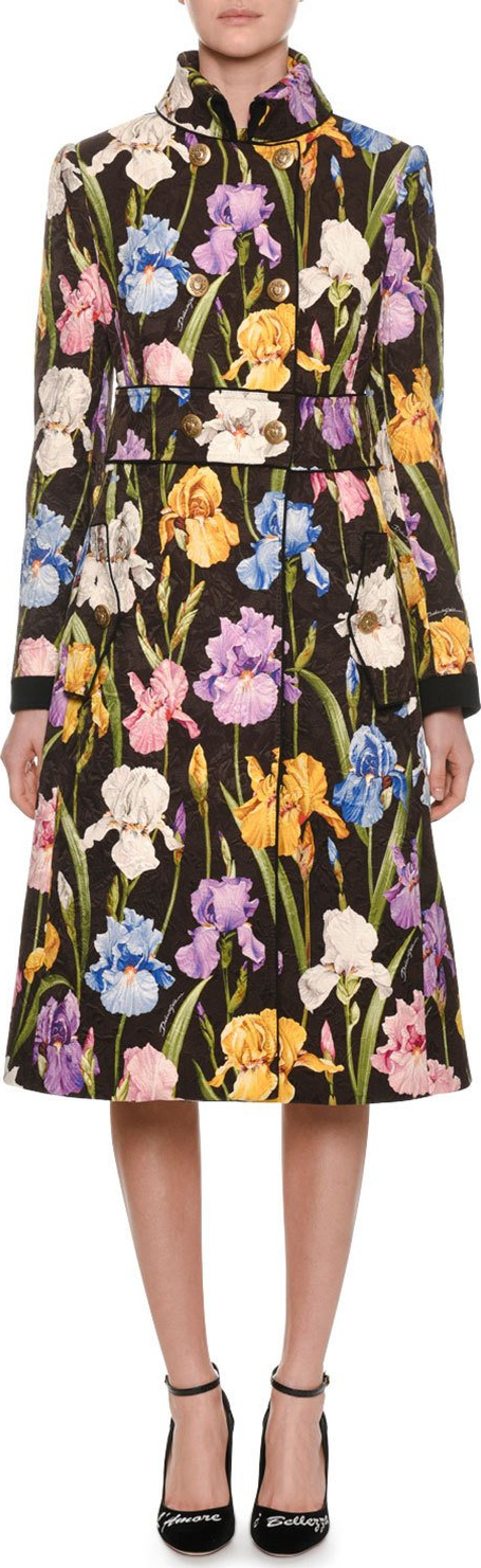 Dolce & Gabbana Iris-Print Brocade Coat w/ Rolled Collar