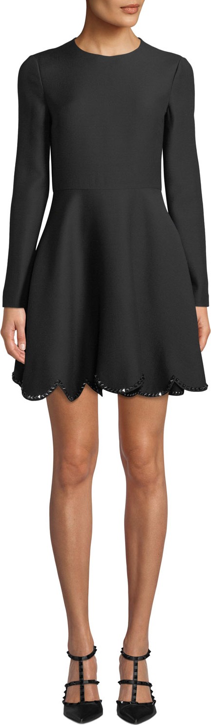 Valentino Long Sleeve Rockstud Scalloped-Hem Flare Dress