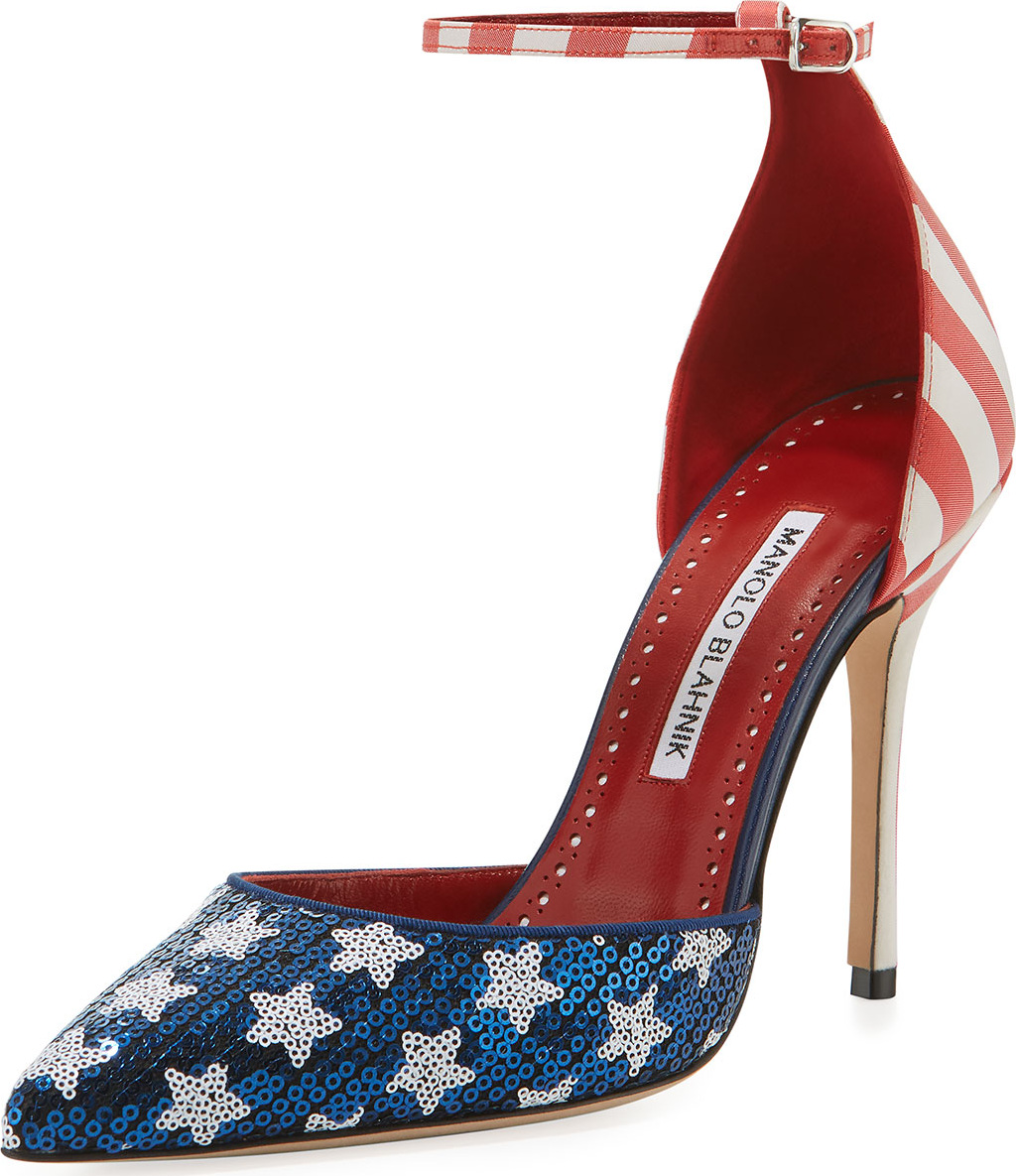 Manolo Blahnik Zaka Stars & Stripes Sequin Ankle-Strap Pump