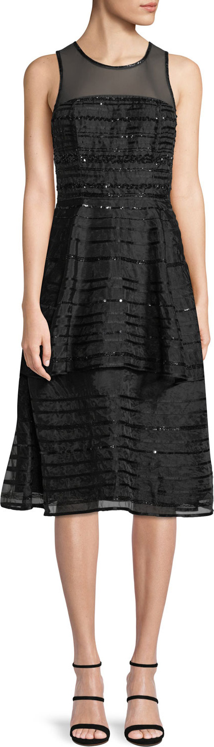 Parker Avril Sleeveless Sequin-Stripe Tiered Midi Cocktail Dress