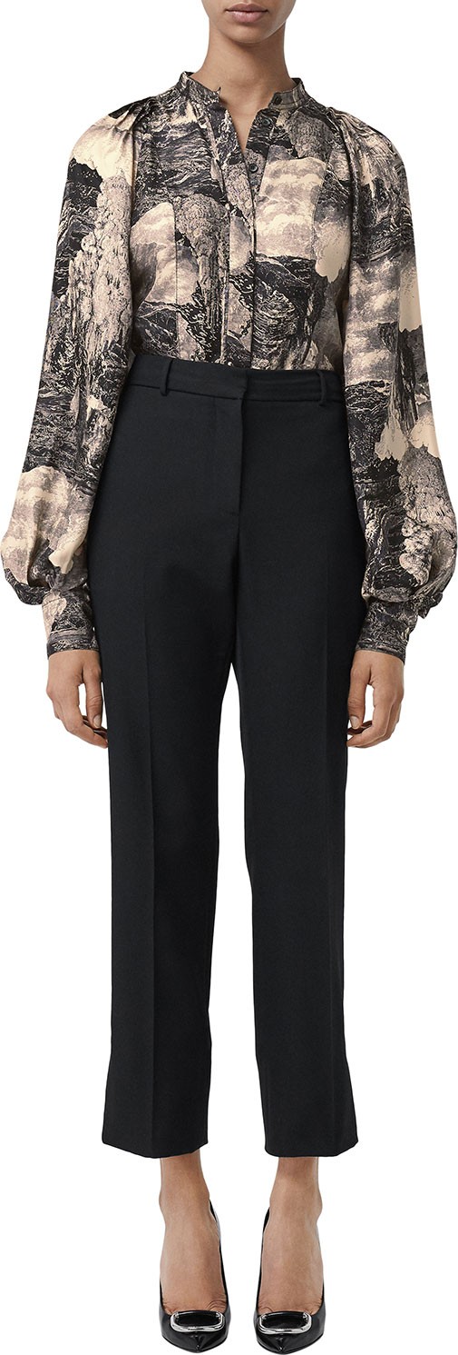 Burberry London England Kookaburra Dreamscape Puff-Sleeve Silk Blouse