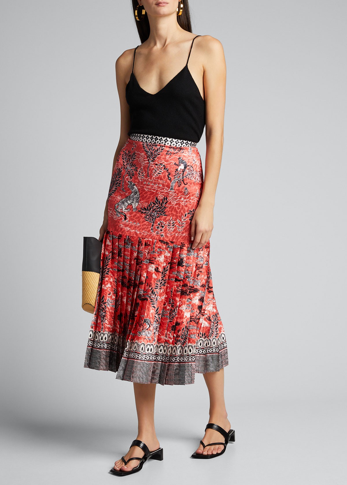 Saloni Diana Pleated Satin Midi Skirt