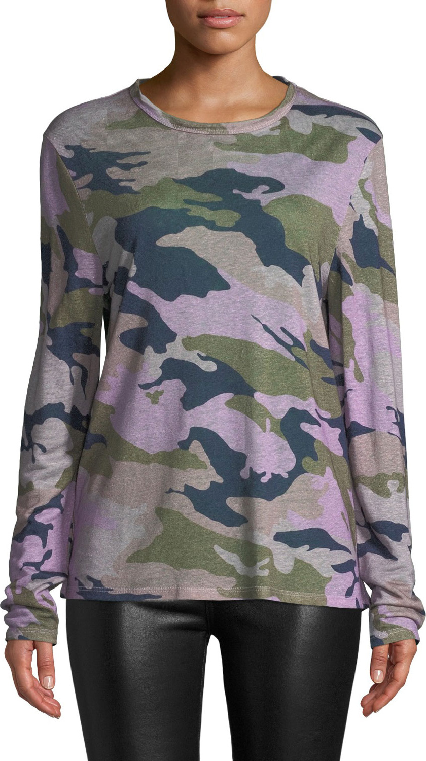 Zadig & Voltaire Willy Lin Camo-Print Crewneck Long-Sleeve Linen Top