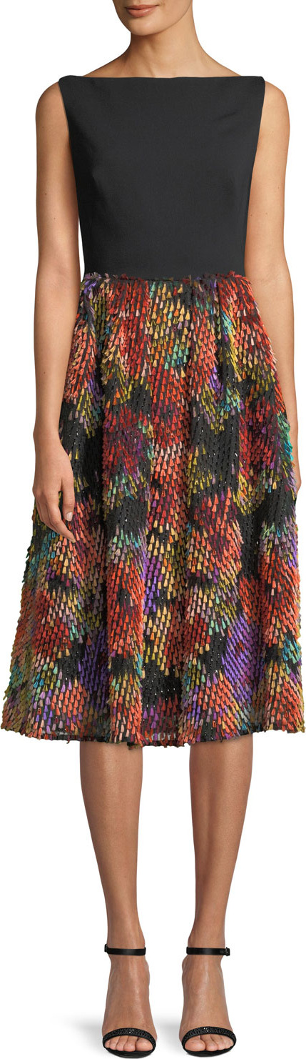 Lela Rose Boat-Neck Sleeveless Fit-and-Flare Cocktail Dress w/ Multicolor Skirt