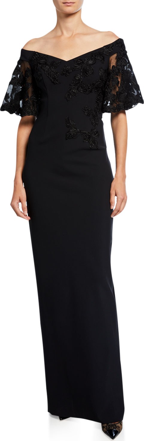 Rickie Freeman for Teri Jon Off-the-Shoulder Embroidered Short-Sleeve Crepe Column Gown