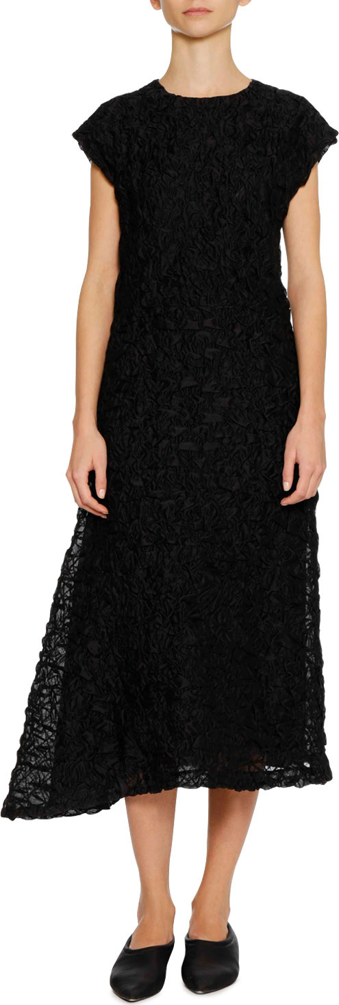 Jil Sander Cap-Sleeve Crushed-Stitched Texture A-Line Midi Cocktail Dress