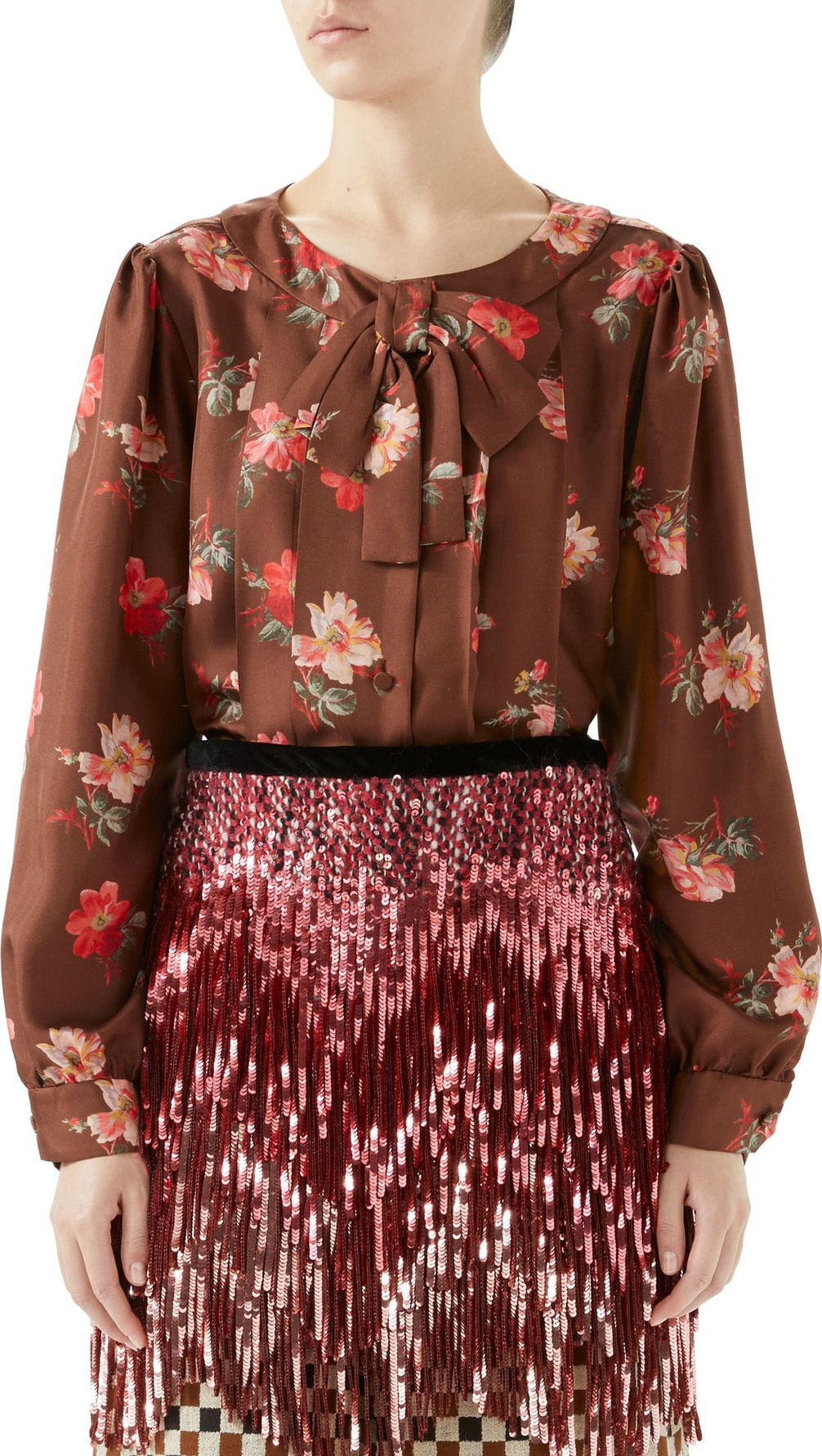 Gucci Pleated Floral Print Silk Blouse