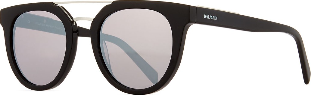 Balmain Round Mirrored Acetate Sunglasses w/ Contrast Bridge