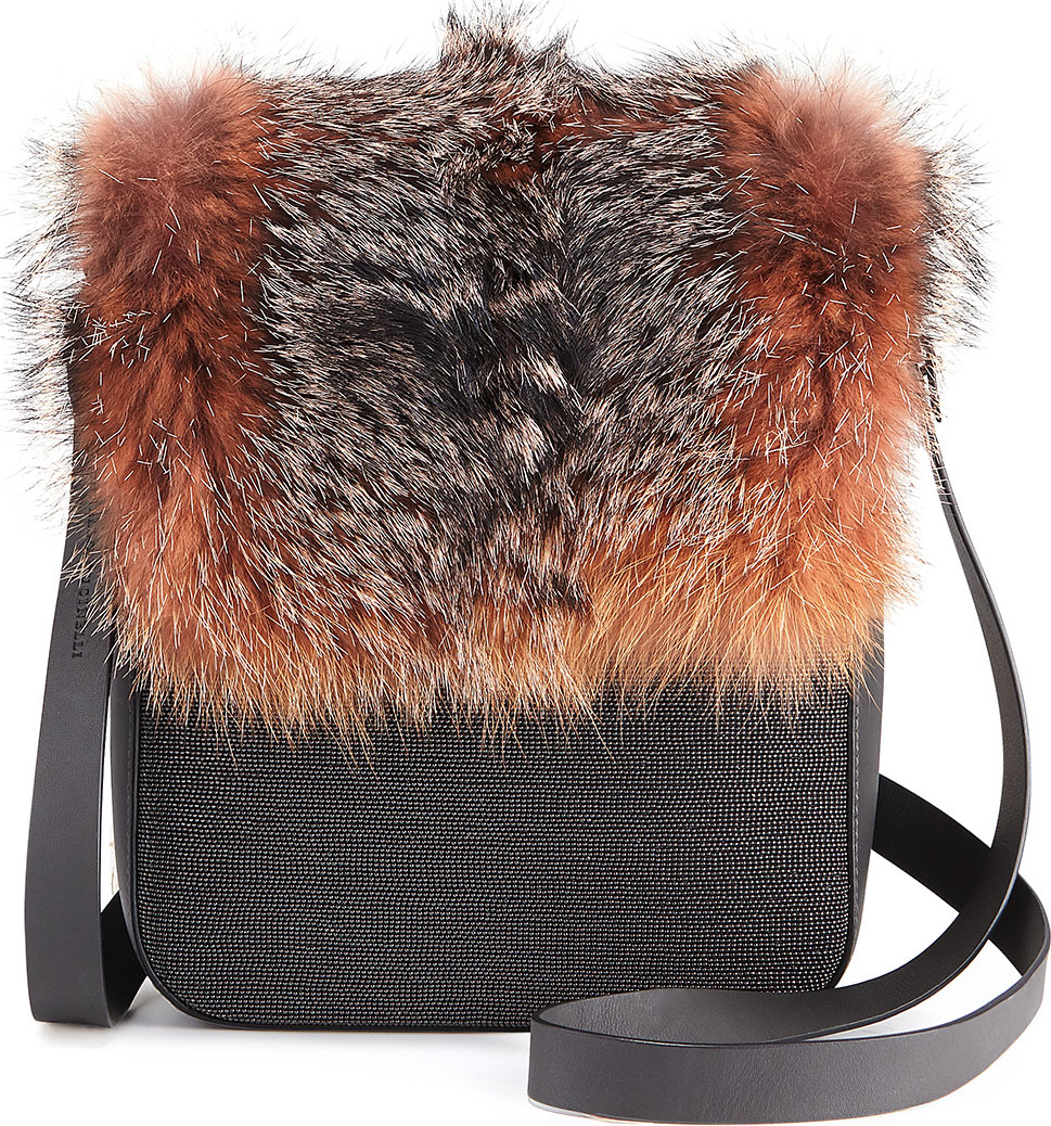 Brunello Cucinelli Fur and Monili Crossbody Messenger Bag