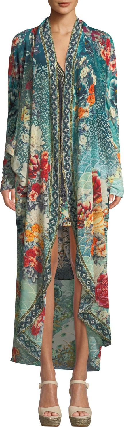 Camilla Open-Front Embellished Long Floral Caftan