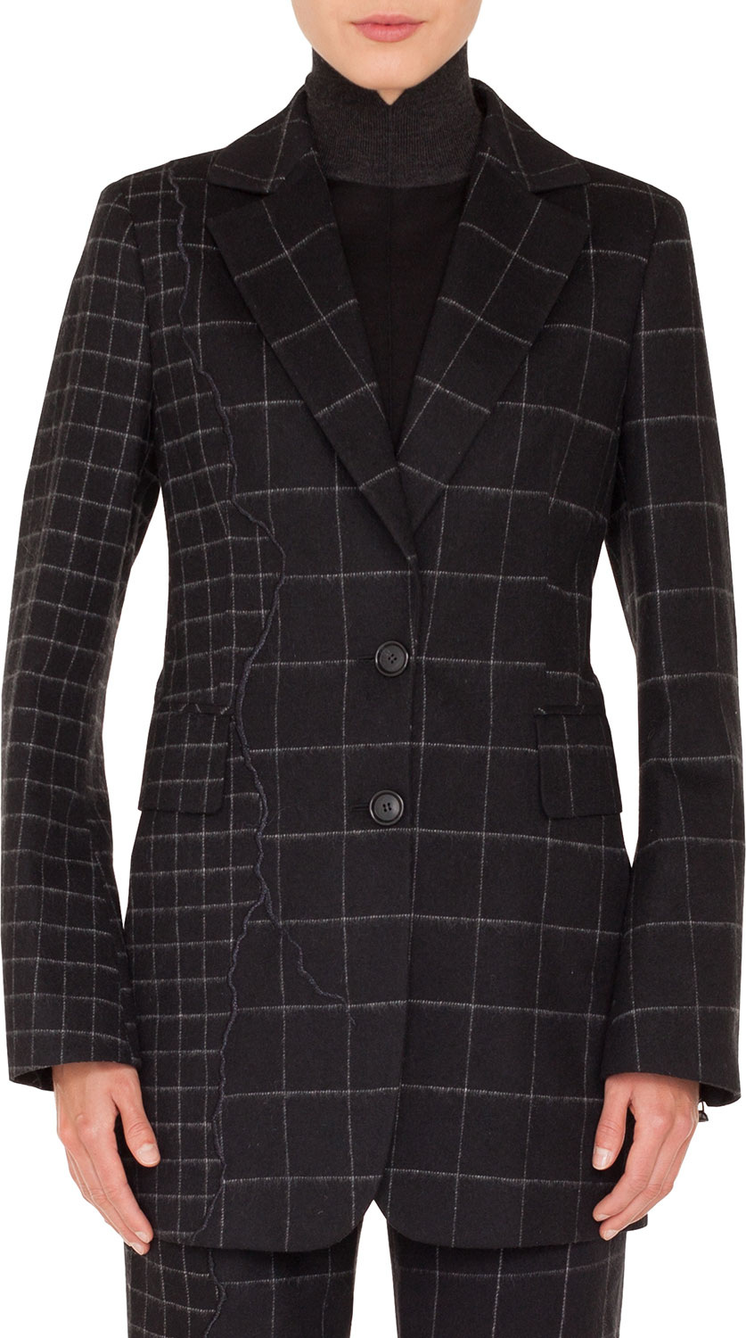 Akris Selia Two-Button Marble Tiles Patchwork Flannel Wool Long Jacket