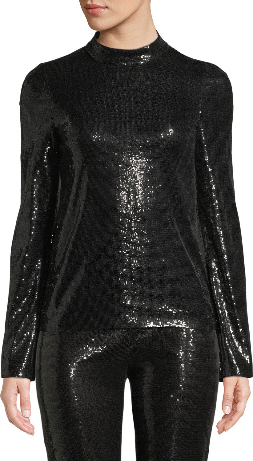 Galvan Long-Sleeve Mock-Neck Stretch-Sequin Top