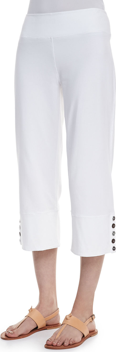 Neon Buddha Seascape Button-Cuff Capri Pants