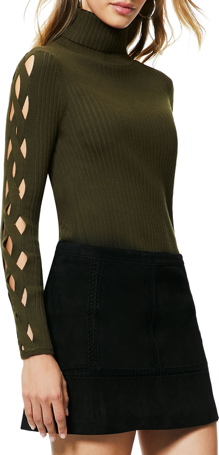 Ramy Brook Kimila Ribbed Lattice-Cutout Turtleneck Sweater Ramy Brook Kimila Ribbed Lattice-Cutout Turtleneck Sweater