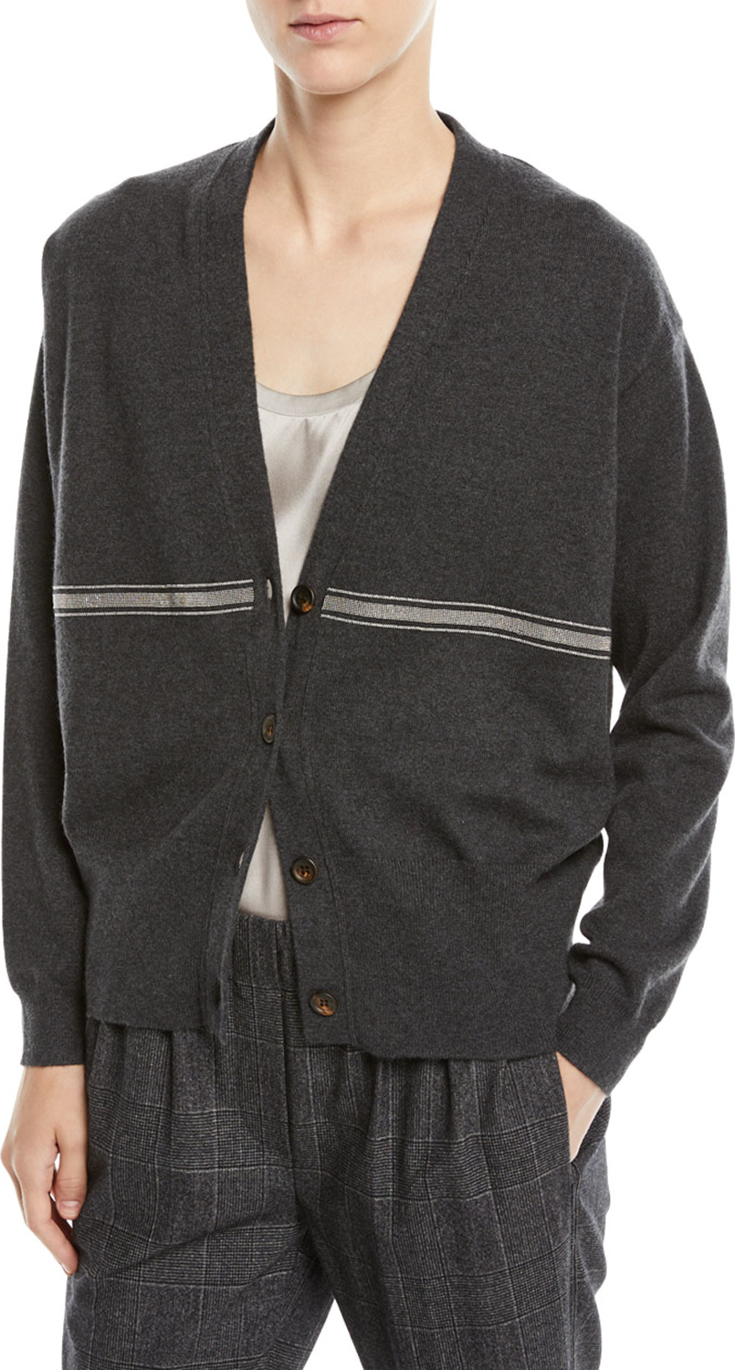 Brunello Cucinelli Cashmere Cardigan Sweater w/ Monili Stripe