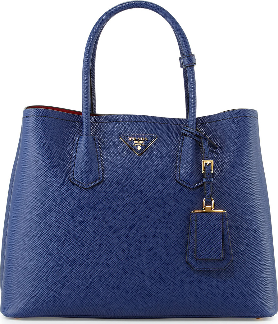Prada Saffiano Cuir Double Medium Tote Bag, Navy/Red (Bluette/Fuoco)