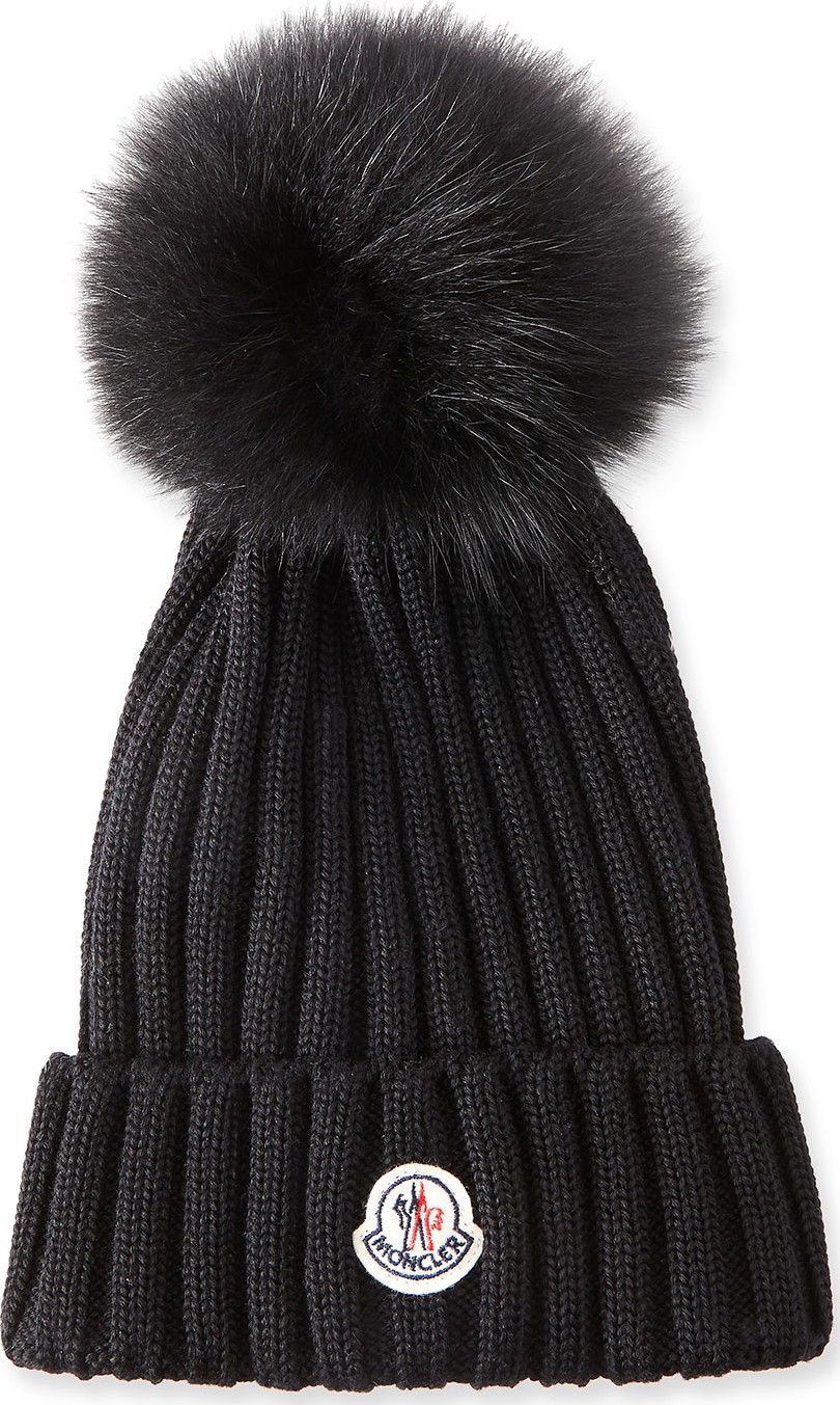 Moncler Ribbed-Knit Beanie Hat w/Fur Pompom  Black