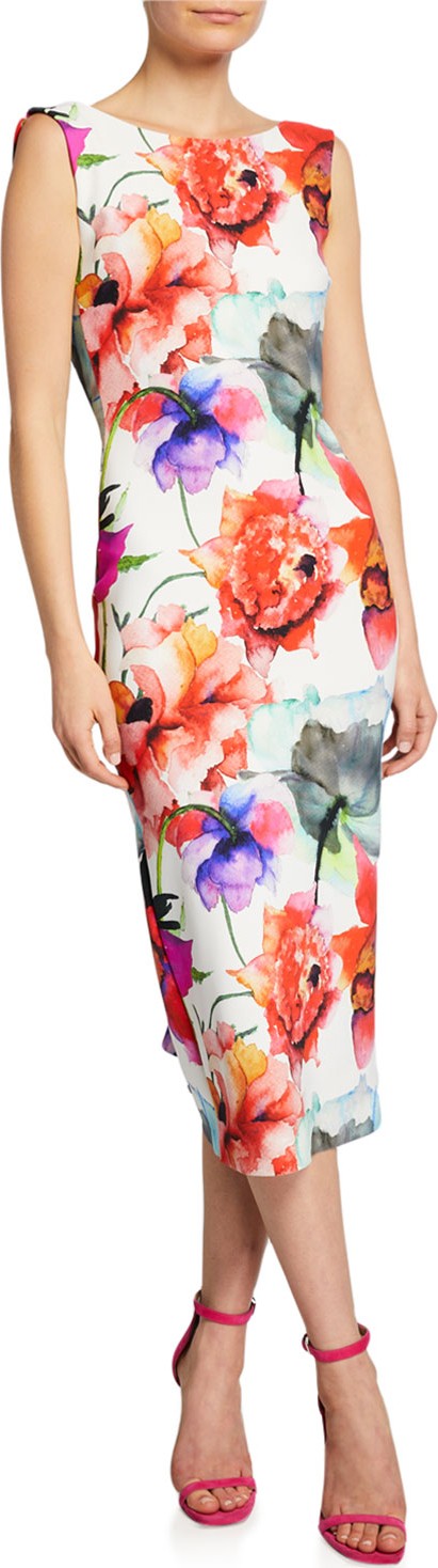 La Petite Robe di Chiara Boni Madereh Floral-Print Sleeveless Midi Dress w/ Flounce Detail