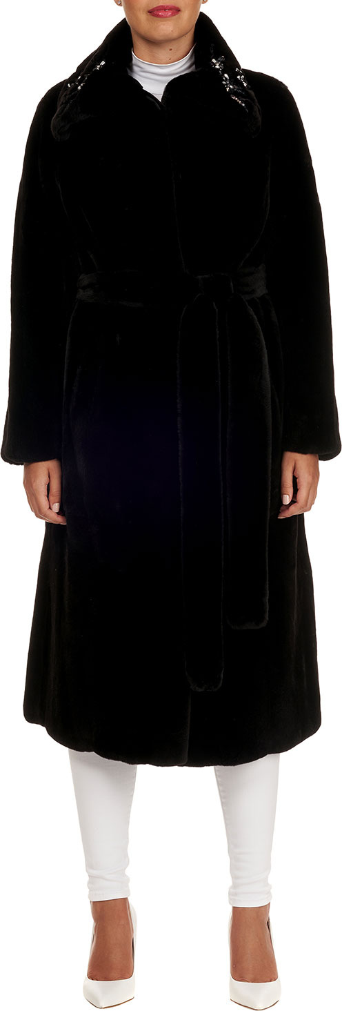 Zac Posen Beaded Collar & Belt Mink-Fur Mid-Calf Coat