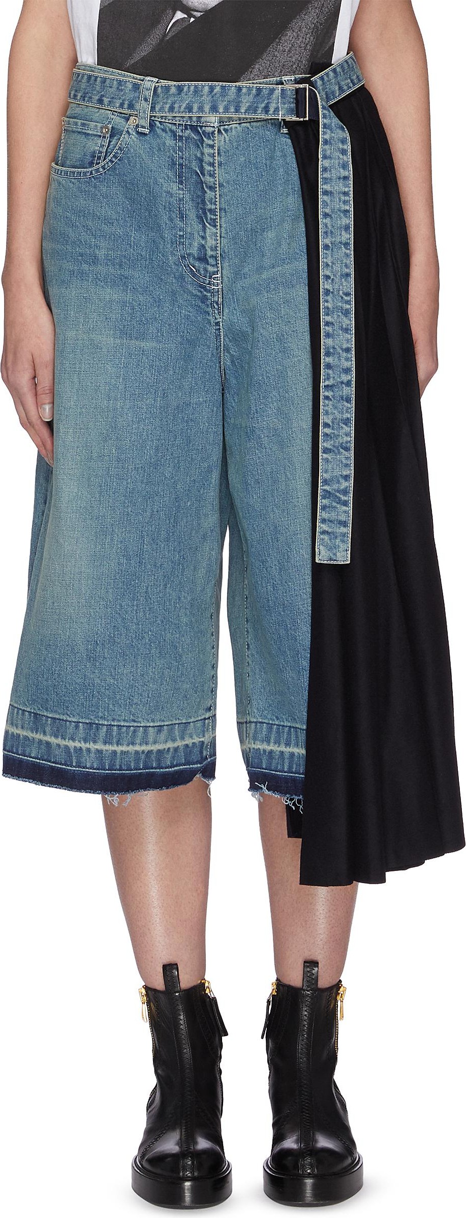 Sacai Contrast pleated side denim culotte pants