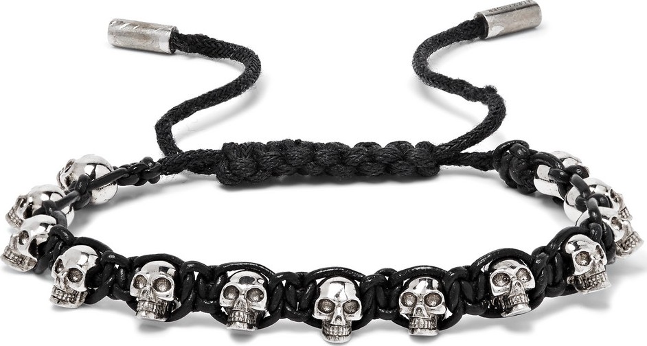 Alexander McQueen Silver-Tone Skull and Leather Bracelet