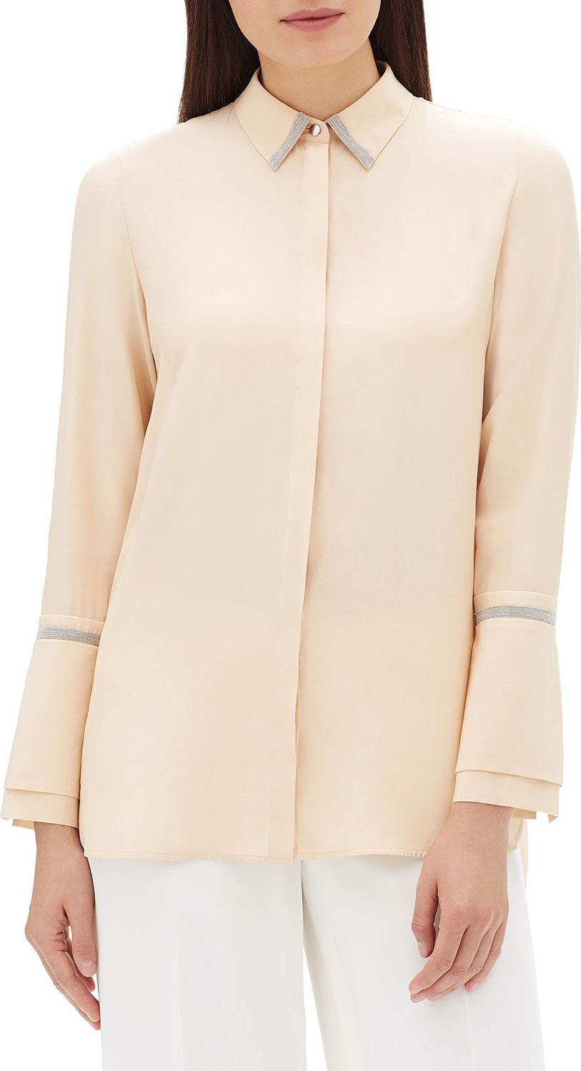 Lafayette 148 New York Katja Long-Sleeve Matte Silk Blouse w/ Chain Detail