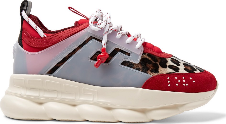 Versace Chain Reaction Panelled Calf Hair, Rubber and Suede Sneakers