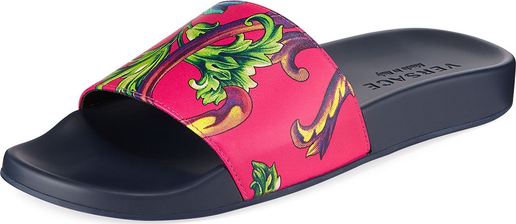 Versace Men's Graphic-Print Leather Shower Slide Sandals Versace Men's Graphic-Print Leather Shower Slide Sandals