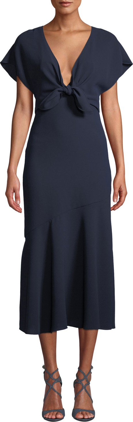 ML Monique Lhuillier V-Neck Crepe Dress w/ Tie Front