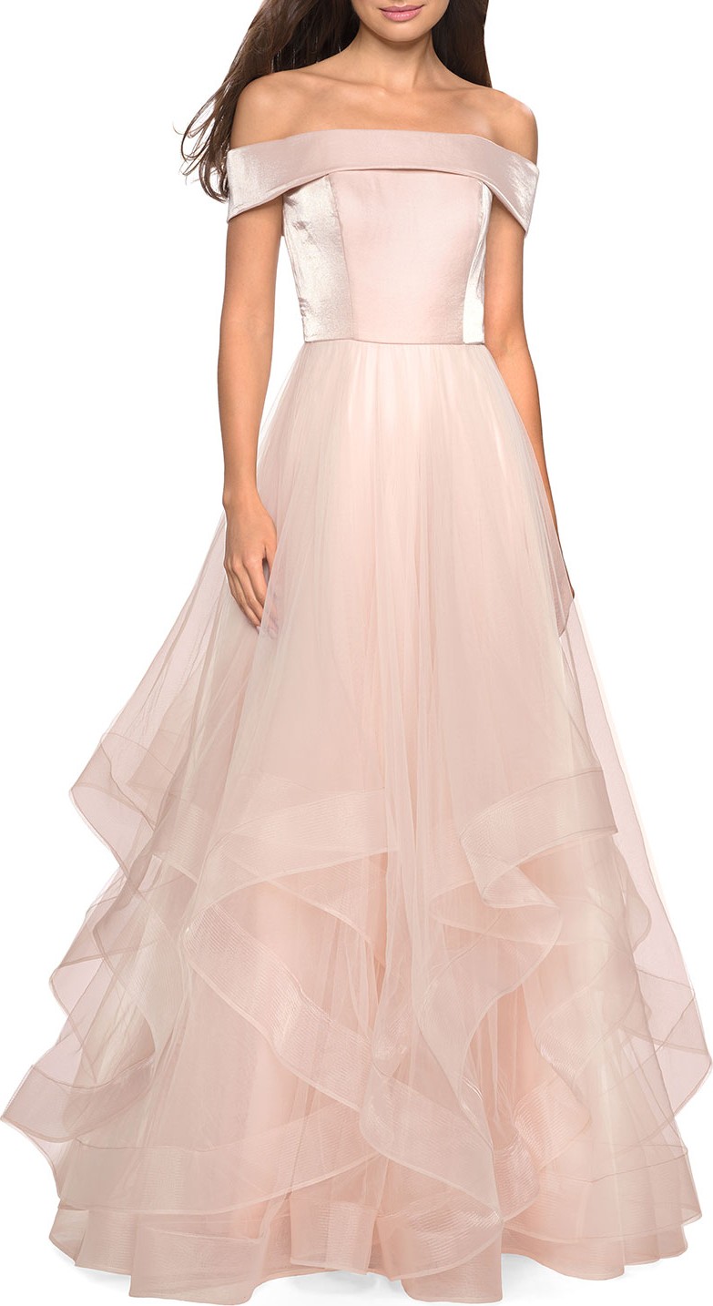 La Femme Off-the-Shoulder Banded-Sleeve Tulle Gown with Tiered Ruffle Skirt