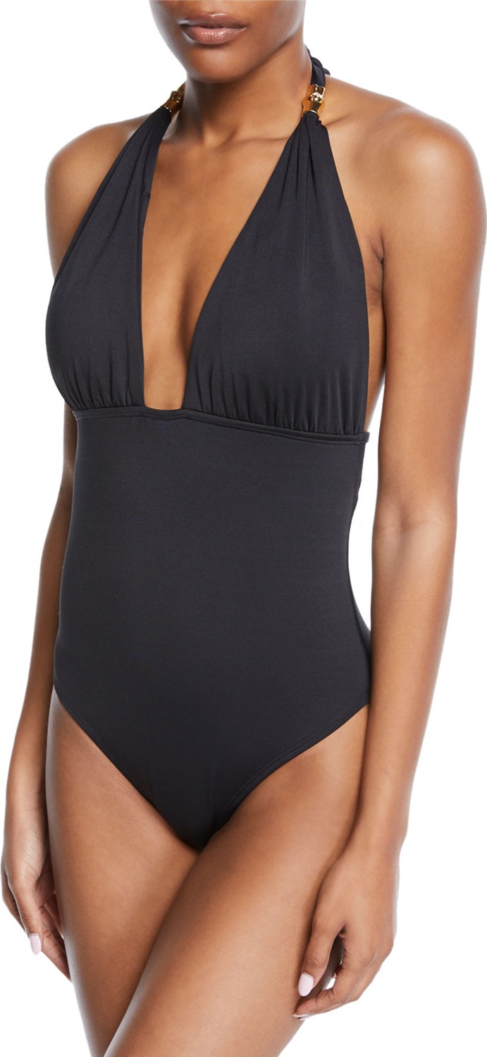 Letarte Plunging Solid Halter One-Piece Swimsuit