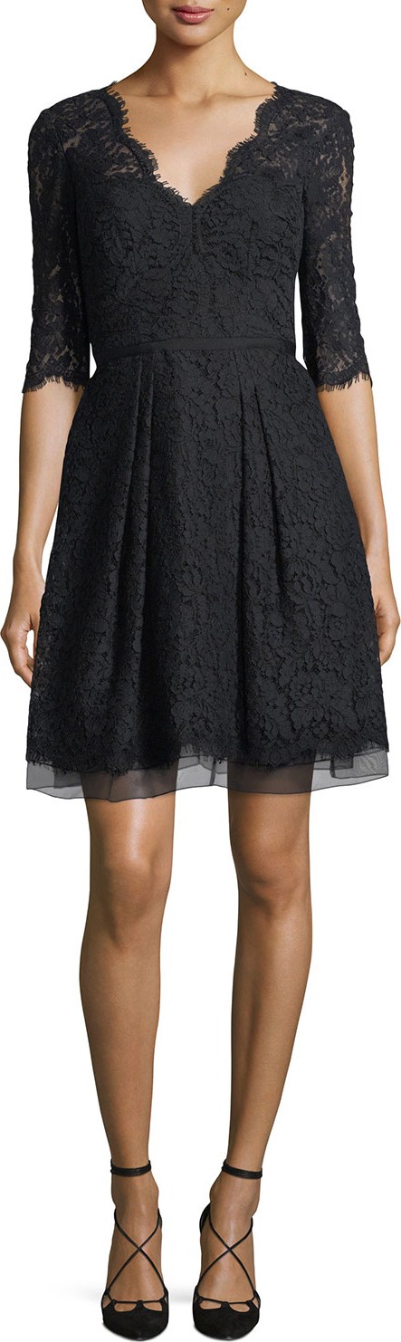 Carolina Herrera Half-Sleeve V-Neck Lace Cocktail Dress, Black