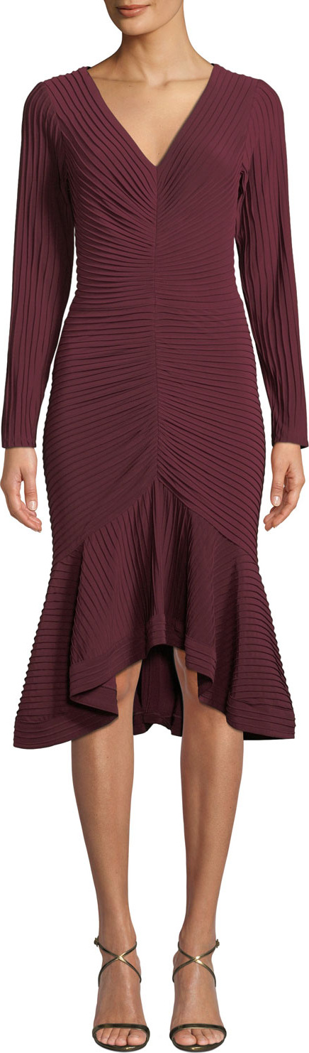 Tadashi Shoji V-Neck Pintuck Jersey Dress w/ Ruffle Hem