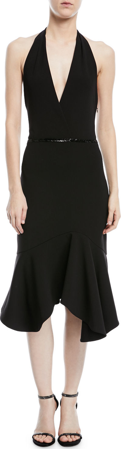 HALSTON HERITAGE Halter Flounce Dress w/ Embellished Waist