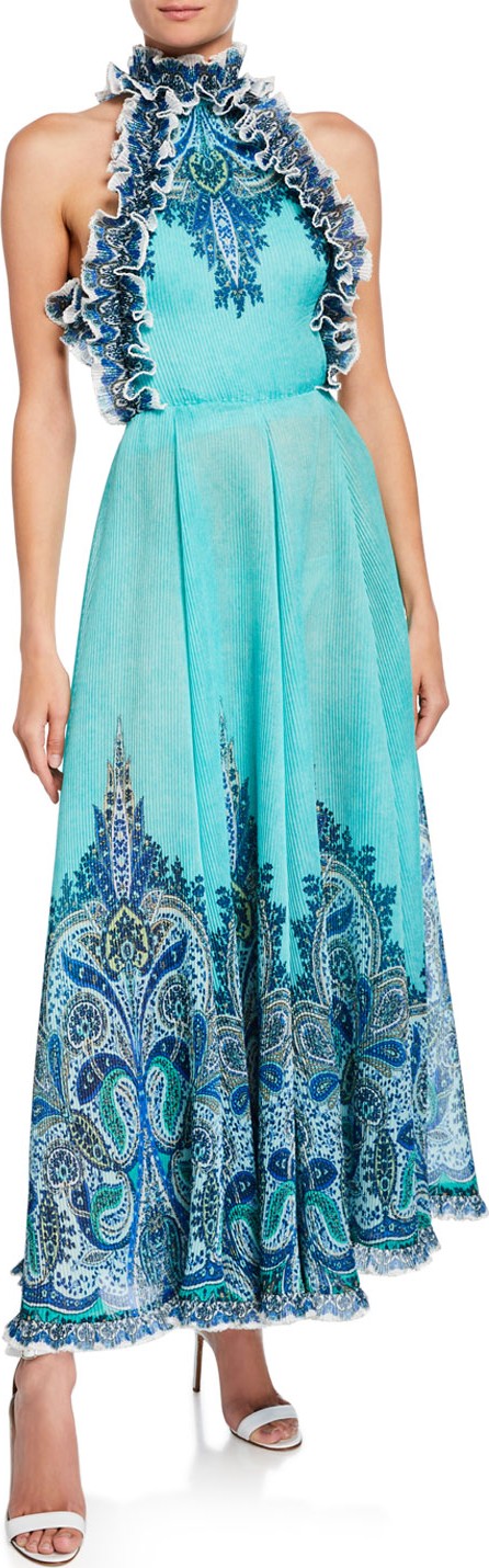 Zimmermann Moncur Ruffle-Neck Printed Pinafore Gown