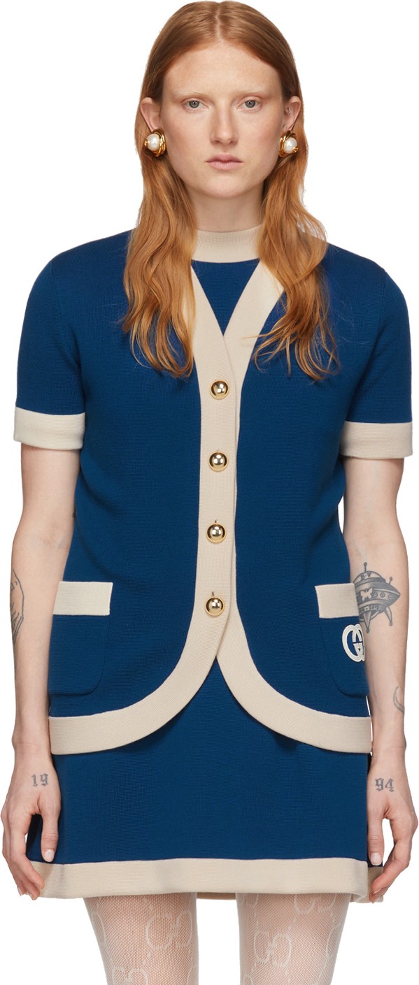 Gucci Blue Wool GG Short Sleeve Cardigan