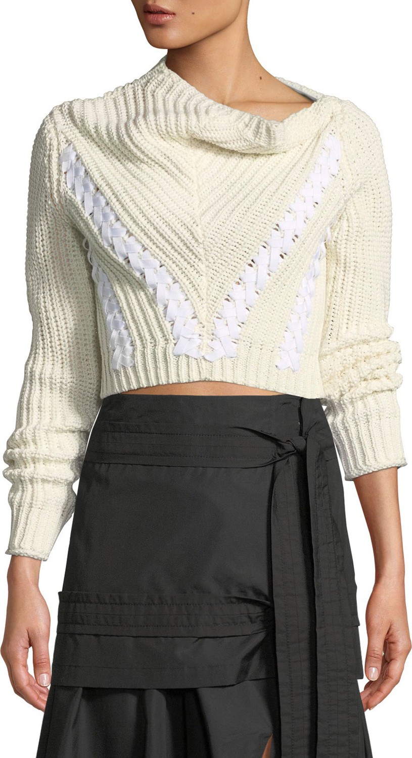 3.1 Phillip Lim Drape-Neck Cropped Cotton Pullover Sweater